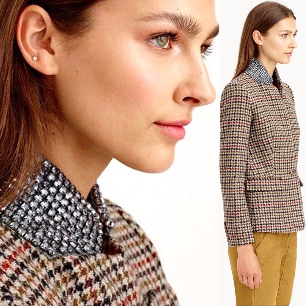 JCREW Regent Blazer Houndstooth Tweed Jewel Collar Wool Jacket Coat Tan Brown 2